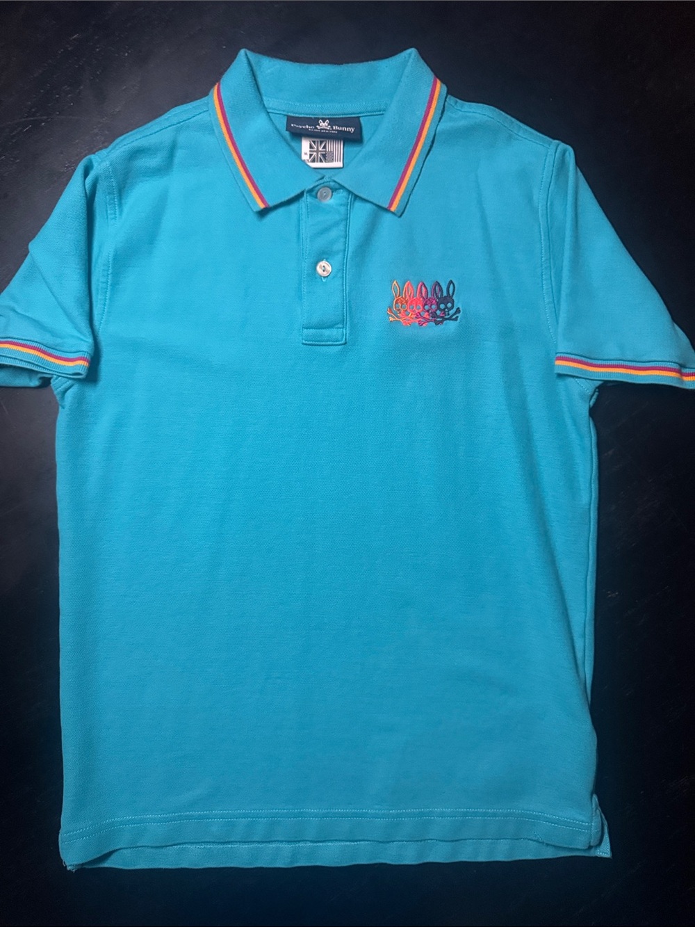 Psycho Bunny Teal Polo with Rainbow Trim